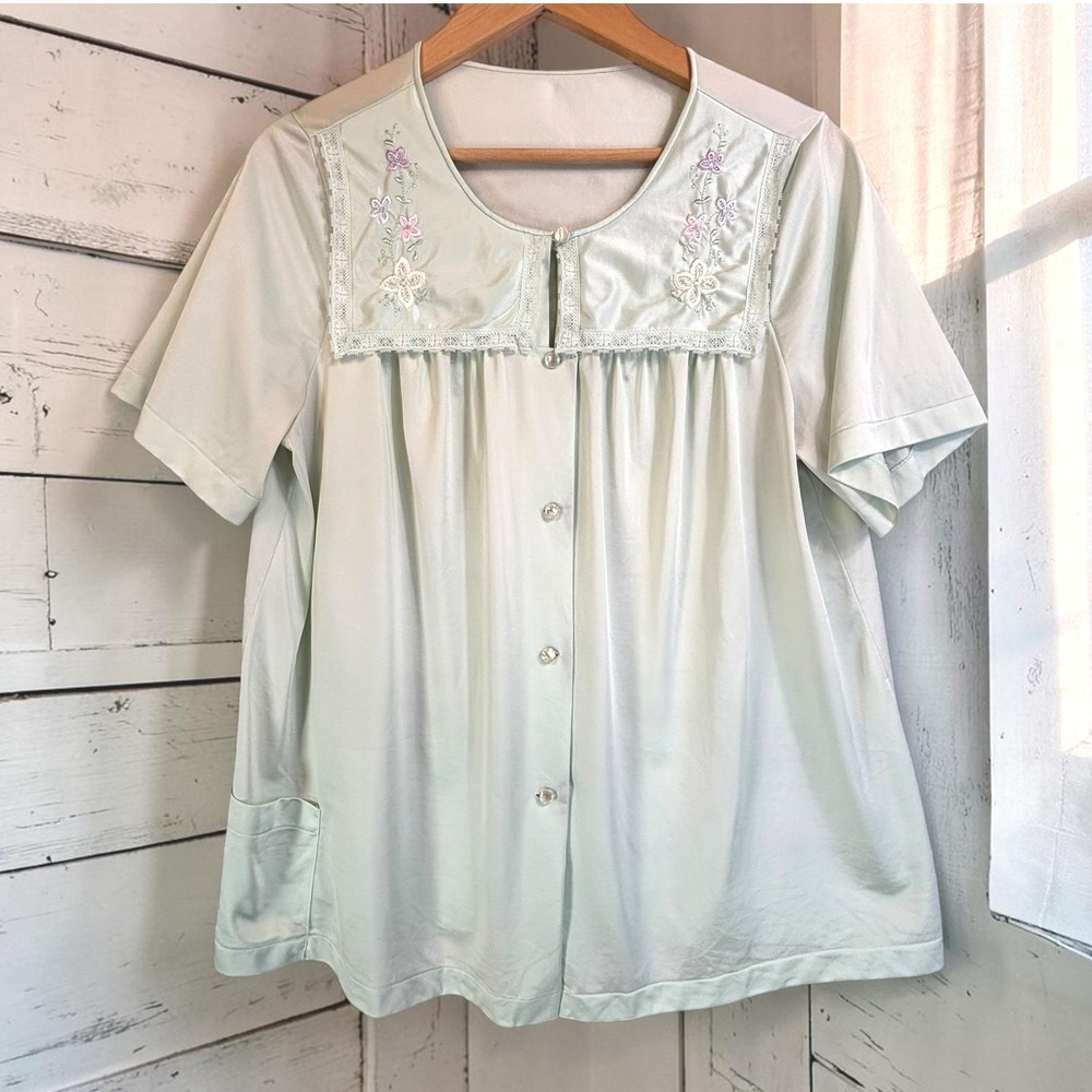 Vintage Shadowline Top 38 Bib Collar Mint Green Nylon Embroidered Lace Cottage